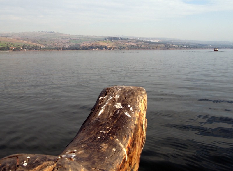 mount of the beatitudes from boat on sea of galilee